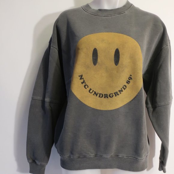 Womens Newtone Gray Yellow Crew Smiley Face NYC Sweatshirt  2 US/L-XL * - Picture 4 of 8